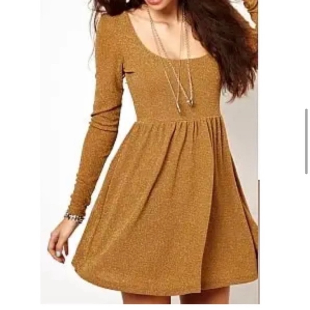 NWT Free People Gold Fit and Flare Long Sleeve Dress